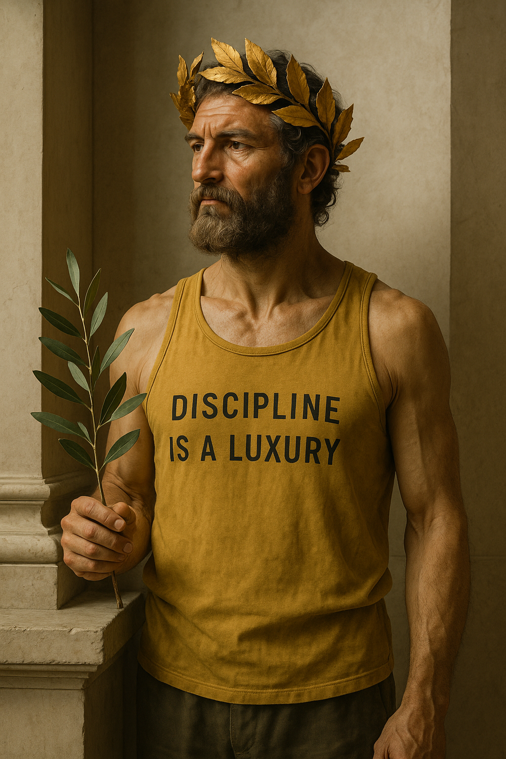 Olympic Victor wearing Discipline Is A Luxury tank — wearable sculpture